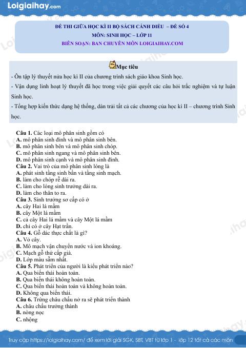 Đề thi giữa học kì 2 Sinh 11 Cánh diều - Đề số 4